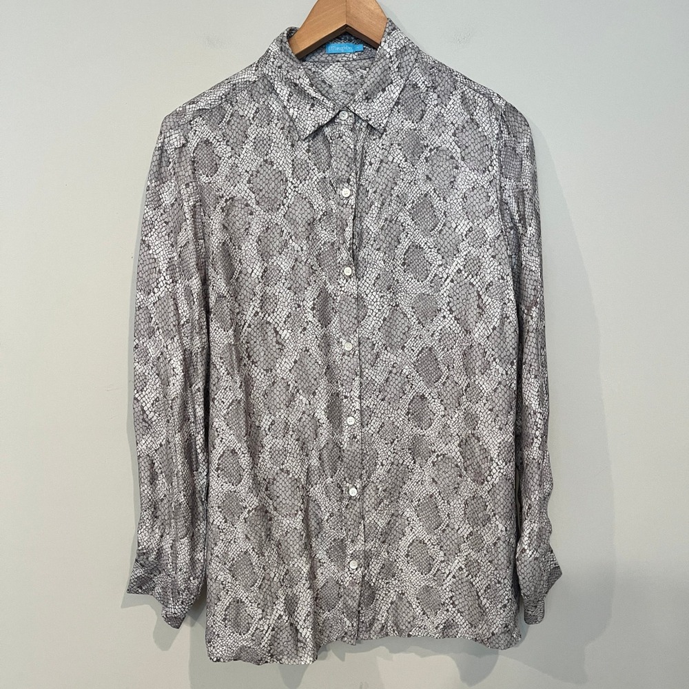 J.McLaughlin Snakeskin Silk Blend Blouse Grey White Medium Long Sleeve Button Up